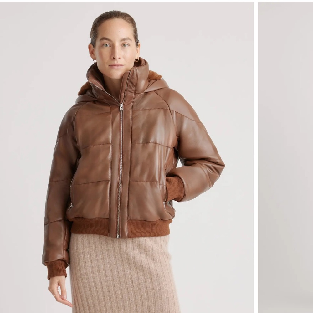 Quince leather bomber with hood.